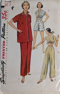 Simplicity 4312 Misses' Two-piece Pajamas in Two Lengths Size: 16 Bust 34" Condition: Cut/Incomplete Circa: 1953 This pattern has been cut and used and is INCOMPLETE. It is MISSING the pieces for the cropped tie top. All other pattern pieces and instructions are intact. The envelope is in fair vintage condition with some foxing and small tears. This is a true vintage original pattern and not a reproduction. This pattern is stored and will be shipped in a clear acid-free archival quality envelope 1940s Playsuit, Pijama Satin, Pajamas For Teens, Playsuit Pattern, Dresses To Sew, 1950s Patterns, 1950s Sewing Patterns, Vintage Pajamas, Pajama Pattern