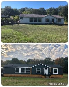 before and after photos of a mobile home in the middle of a field with grass