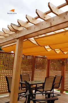 a wooden pergolan with chairs and tables under it