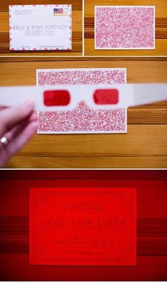 red and white wedding stationery with eye glasses