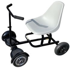 a white chair sitting on top of a black scooter