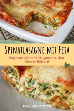 spinach and cheese casserole with text overlay that says spinata lasagne mit feta