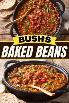 baked beans in a skillet with text overlay that reads bush's baked beans