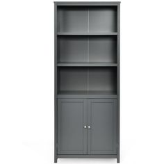 a gray bookcase with two doors on the front and one door open to reveal a cupboard