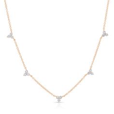 A diamond necklace never goes out of style. This elegant piece features dainty diamond trios strung along a delicate 14K gold cable chain. An instant classic! - 14K gold weighing 2.04 grams. - 15 round diamond 0.48 carats. - Color - F-G - Clarity - VS2-SI1 Dimensions (Cluster) - 4.2mm Available in yellow, white, and rose gold. Please allow 4-6 weeks for delivery if item is not in stock. Item no. N10306 Diamond Signet Ring, Diamond Choker Necklace, Elephant Pendant Necklace, Diamond Heart Pendant Necklace, Dainty Diamond Necklace, Dangle Necklace, Floating Necklace, Diamond Choker, Dangle Necklaces