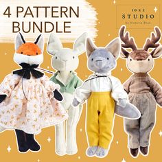 four stuffed animals in different patterns and sizes, with the words 4 pattern bundle on them