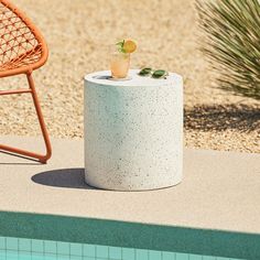 a small potted plant sitting on top of a concrete table next to a swimming pool