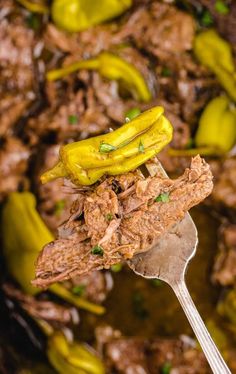 a spoon with some food on it in the middle of a bowl filled with meat and pickles