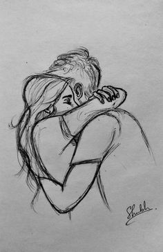 a drawing of a man hugging a woman's face with her arms around her neck