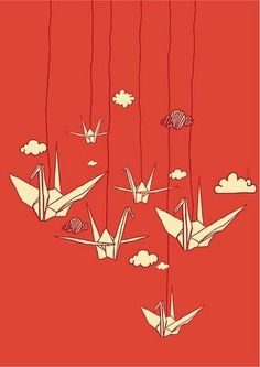 paper cranes flying in the sky with clouds and stars above them on a red background