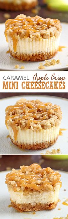 caramel apple crisp mini cheesecakes on a white plate