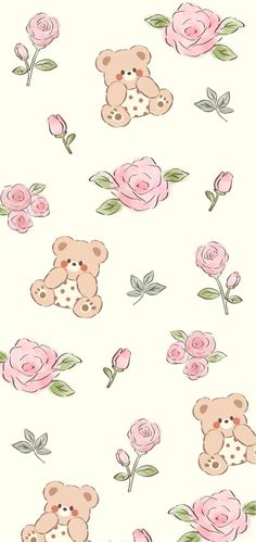 a teddy bear with pink roses and green leaves on a white wallpaper background,