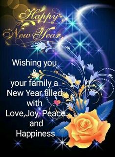 a happy new year message with a yellow rose and sparkles in the background on a black background