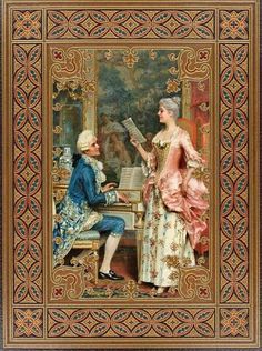 a painting of two women playing the piano