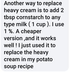 a text message that reads, another way to replace heavy cream is to add 2 tbps contrast to any type milk 1 cup i use 1