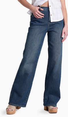 Combining the feel of classic jeans with modern performance and an ultra-comfortable fit  the women's KUHL Kontour Rigid Wide-Leg Denim pants offer a stylish yet durable option for everyday wear. Relax Pants, Spandex Pants, Denim Pants Women, Classic Jeans, Pants And Leggings, Womens Jeans, Women Pants Casual, Wide Leg Denim, Jeans Style