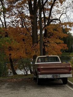 an old truck is parked in front of some trees with yellow leaves on the ground