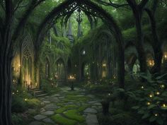 an image of a fantasy setting with trees and lights