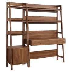 a wooden bookcase with drawers and shelves on the bottom shelf, against a white background