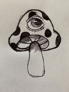 a black and white drawing of a mushroom with an eye on it's side