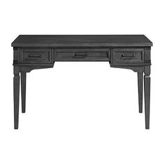 a black desk with two drawers on one side and an open drawer on the other