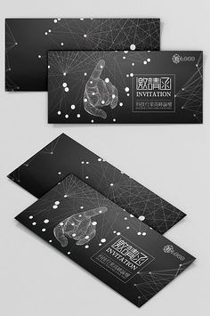 three business cards with black and white graphics