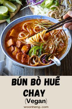 a bowl of bun bo hue chay with chopsticks in it and text overlay that reads, bun bo hue chay vegan