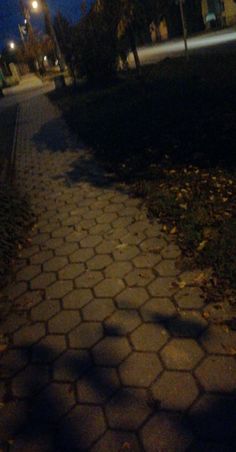 the sidewalk is made of cobblestones and has a stop sign on it at night