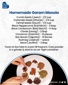 the ingredients for homemade garam masala on a white plate