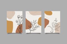 three paintings with flowers and leaves on them, one is white and the other is brown