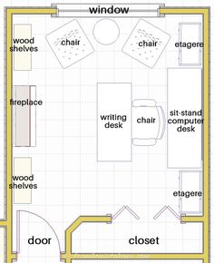 a floor plan for a bedroom with furniture and accessories in it, including the closet