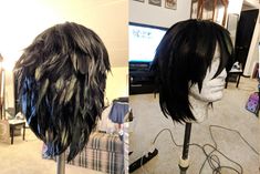 Jess WWWIP Week 4 – Arda Wigs USA Hair With Feathers In It, Feather Clips For Hair, Howl Hairstyle, Howl Pendragon Makeup, Howl Cosplay Black Hair, Howl Pendragon Black Hair, Howl Black Hair, Theatre Hairstyles, Howl Costume