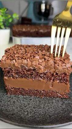 a piece of chocolate cake on a plate with a fork sticking out of the top