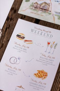 the wedding stationery is laid out and ready to be used as guest cards or menus