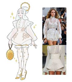 a fashion sketch and an illustration of a woman's outfit on the catwalk