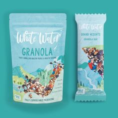 two bags of granola sitting next to each other on a blue background with the words, white water granola