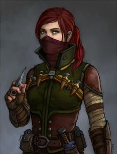 a drawing of a woman with red hair wearing a mask and holding a pair of scissors