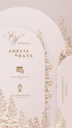 the wedding stationery is designed to look like it has been decorated with gold and white flowers