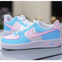 sneakers Pink Custom Air Force, Nike Shoes Women Fashion, Pretty Sneakers, Custom Af1, Nike Fashion Shoes, Preppy Shoes, Pretty Shoes Sneakers, Blue Air, All Nike Shoes