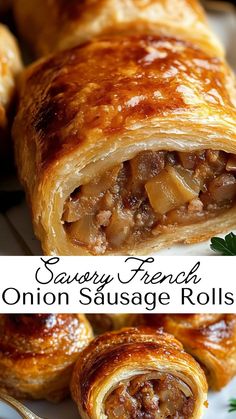 sausage rolls on a plate with the words saucy french onion sausage rolls