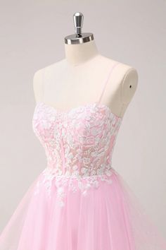 Amzcw Pink A Line Spaghetti Straps Tulle Corset Homecoming Dress with Appliques Pink Dress Corset, Small Pink Dress, Corset Homecoming Dress, Homecoming Dresses Corset, Tulle Corset, Extra Outfits, Lovely Partner, Cute Homecoming Dresses, Tulle Homecoming Dress