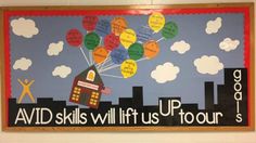 a bulletin board with words on it and balloons in the sky above them that read avid skills will lift us up your stairs