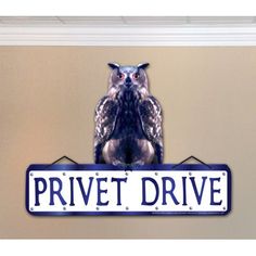 an owl sitting on top of a sign that says privet drive with the words