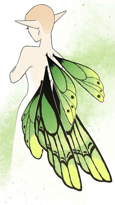 a drawing of a woman with green leaves on her back and wings flying through the air