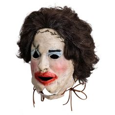 a creepy clown mask with black hair and red lips