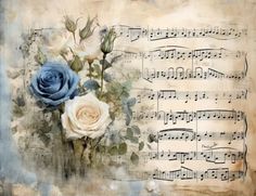 an old sheet with music notes and roses on it, as well as some blue flowers