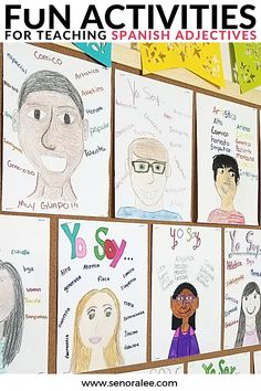 kids's art project with pictures of people and words on the wall in spanish