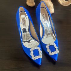 Like New. Heel Height Is 3.75. Color Is Electric Blue. Electric Blue Shoes High Heels, Glamorous Blue Embellished Heels, Classic Blue Heels With 4-inch Heel, Badgley Mischka Bridal Shoes Blue, Elegant Blue Slingback Pumps With 4-inch Heel, Badgley Mischka Shoes, Badgley Mischka, Electric Blue, Shoes Women Heels