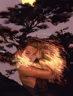 a painting of a woman with her hair blowing in the wind under a full moon