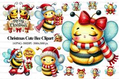 christmas cute bee clipart with santa hats and other items for the holiday greetings